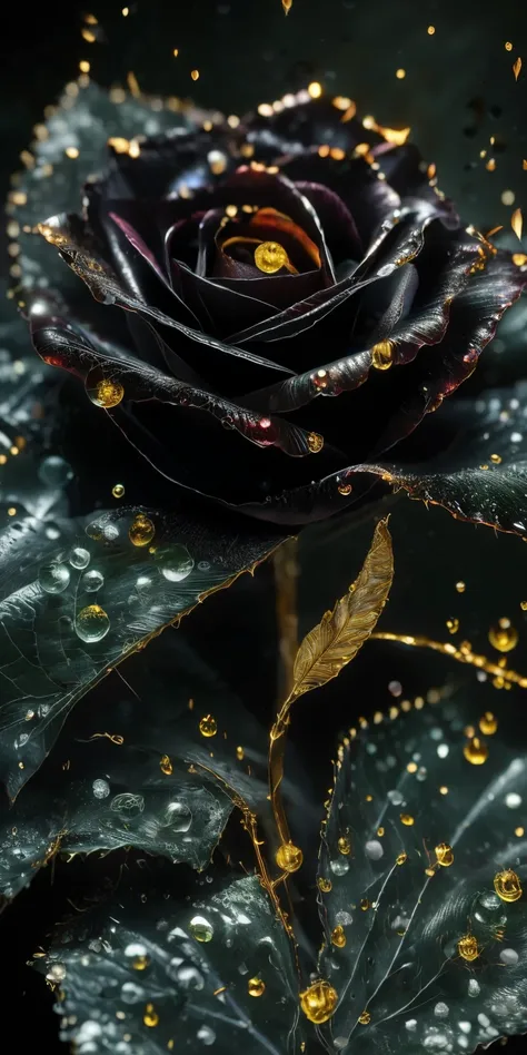 Best Quality, ultra detailed, A black rose and the outer edge of each petal is gold. Small water droplets are noticeable on the petals.. Its dark green stem and well-marked black thorns, some green leaves with their golden tone on the outside of each leaf....