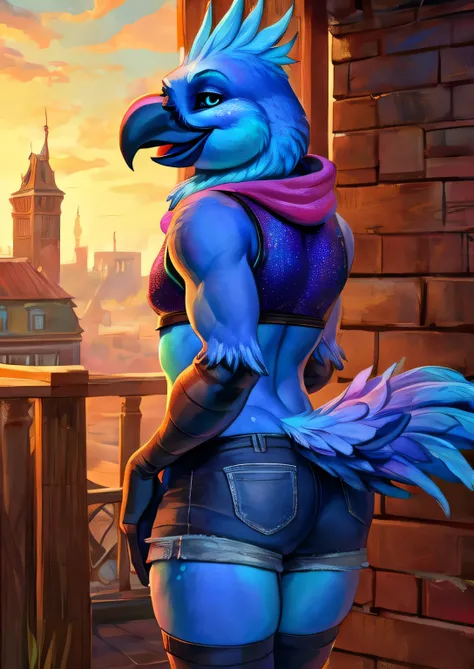 solo male Coby, (((solo))), ((realistic)), cockatiel, anthro, furry, avian, ((clear cyan eyes)), black sclera, long cyan feather mohawk, black beak, blue body with cyan accents, bird feather tail, black bird arms, cyan claws, ((cyan glitter dots on hips)),...