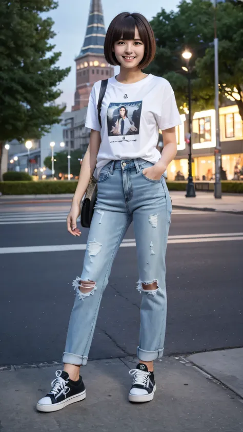 Woman wearing a t-shirt, white jeans and sneakers。Full body photo、Are standing、Short Haircut、smile、Background is a park at night。.
