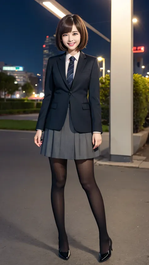 office lady, woman in suit、knee-length skirt、tights、pumps、full body photo、are standing、short haircut、ear piercing、smile、backgrou...