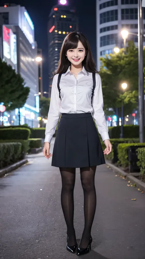 office lady, woman in suit、knee-length skirt、tights、pumps、full body photo、are standing、ear piercing、smile、background is a park a...