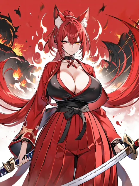  8K Highest quality Long red ponytail Red fox ears Nine fox tails Very large breasts Flaming Japanese sword Red jacket Long hakama Red eyeshadow on lower eyelids Red burning background Japanese style Samurai Burning hell 