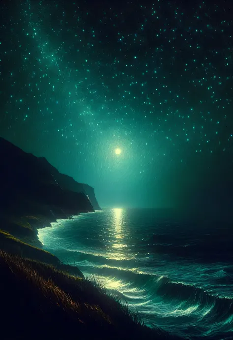Sea , digital painting, high quality the darkest longest night of the year, style of Ralph Blakelock, Ed Emshwiller, Marianna Rothen, Arthur Rackham, Niko Anttila