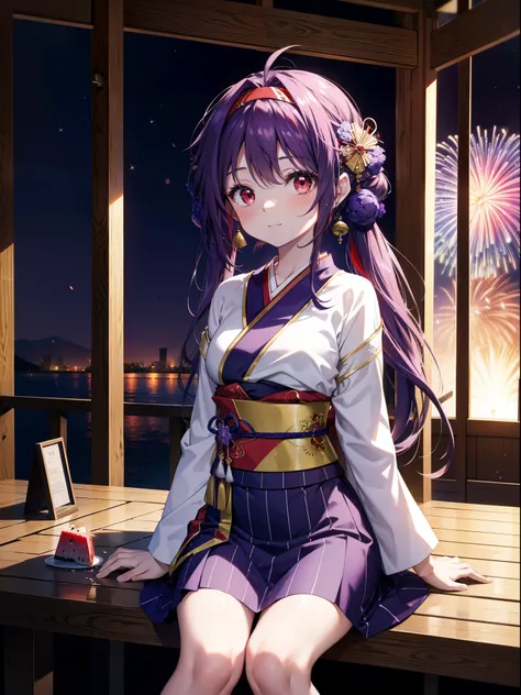 yuukikonno, Yuuki Konno, hair band, Long Hair, Pointed Ears, Purple Hair, Ahoge,(Red eyes:1.5), (Small breasts:1.2),low twin tail,smile,blush,Open your mouth,Purple Kimono,Purple long skirt,Fireworks in the night sky,Fireworks,The place is a fireworks disp...
