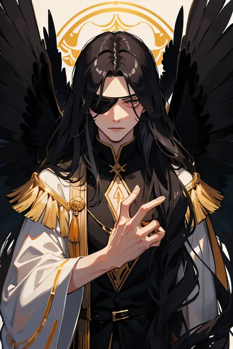 A tall man. Very long wavy black hair. eyes covered with a blindfold. wings. Black fantasy clothing. 