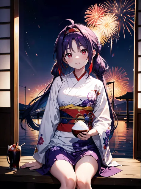 yuukikonno, Yuuki Konno, hair band, Long Hair, Pointed Ears, Purple Hair, Ahoge,(Red eyes:1.5), (Small breasts:1.2),low twin tail,smile,blush,Open your mouth,Purple Kimono,Purple long skirt,Fireworks in the night sky,Fireworks,The place is a fireworks disp...