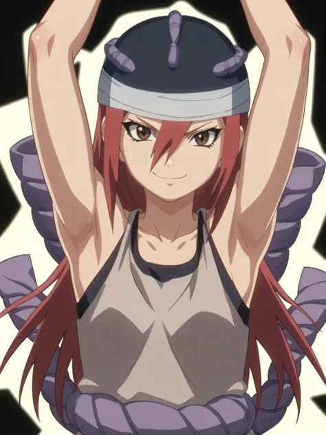 score_9, score_8_up, score_7_up, source_anime, tayuya, red hair, long hair, brown eyes, black headwear, tan tunic, purple rope b...