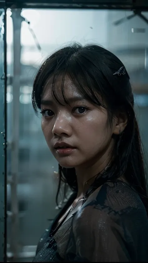 A photo that captures a dramatic and haunting scene of a korean womans bare face, a hint of sweat visible on her skin, natural lips color, with blue eyes color, unkempt black hair visible through shattered glass, the glass grating into irregular shapes, wi...