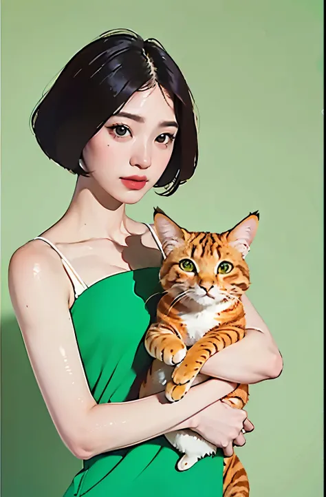 Orange cat hug, masterpiece, Top quality, girl, Short hair over shoulders, Mint green background, Ulzan