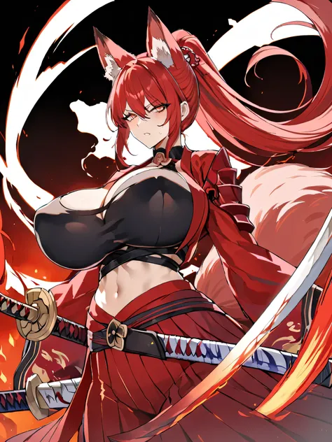  8K Highest quality Long red ponytail Red fox ears Nine fox tails Very large breasts Flaming Japanese sword Red jacket Long hakama Red eyeshadow on lower eyelids Red burning background Japanese style Samurai Burning hell 