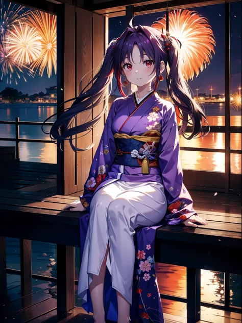 yuukikonno, Yuuki Konno, hair band, Long Hair, Pointed Ears, Purple Hair, Ahoge,(Red eyes:1.5), (Small breasts:1.2),low twin tail,smile,blush,Open your mouth,Purple Kimono,Purple long skirt,Fireworks in the night sky,Fireworks,The place is a fireworks disp...