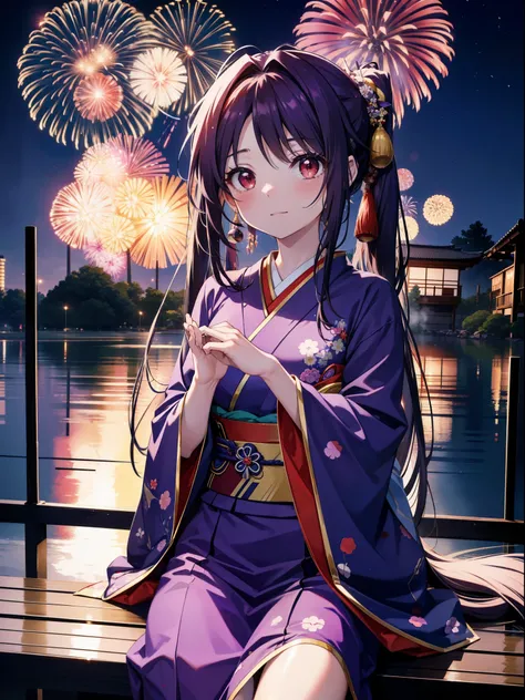 yuukikonno, Yuuki Konno, hair band, Long Hair, Pointed Ears, Purple Hair, Ahoge,(Red eyes:1.5), (Small breasts:1.2),low twin tail,smile,blush,Open your mouth,Purple Kimono,Purple long skirt,Fireworks in the night sky,Fireworks,The place is a fireworks disp...