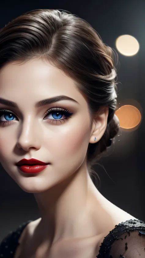 night bokeh effect background, Perfect Eyes, Great face, Beautiful appearance, ((Red lips, Bright Eyes, Curve Heir 1.5)), ((Beautiful detailed body)), Amazing gorgeous, amazing beautiful face, Pretty face, Bright Eyes, Updo Elegant Hair, Blurred gray tone ...