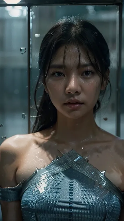 A photo that captures a dramatic and haunting scene of a korean womans bare face, a hint of sweat visible on her skin, natural lips color, with blue eyes color, unkempt black hair visible through shattered glass, the glass grating into irregular shapes, wi...