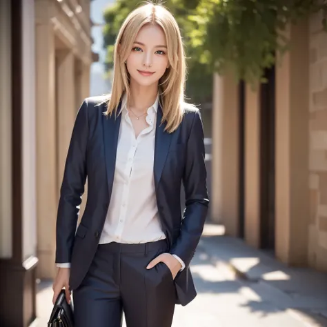 blonde beauty, nordic beauty, smile, shaggy hair, ((suit,pants))