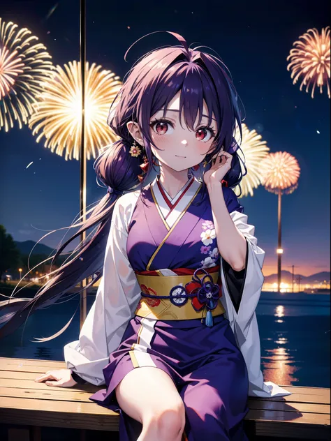 yuukikonno, Yuuki Konno, hair band, Long Hair, Pointed Ears, Purple Hair, Ahoge,(Red eyes:1.5), (Small breasts:1.2),low twin tail,smile,blush,Open your mouth,Purple Kimono,Purple long skirt,Fireworks in the night sky,Fireworks,The place is a fireworks disp...