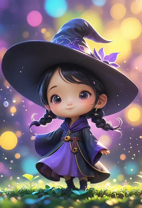 (masterpiece, Highest quality:1.2), Close-up of a cartoon black mage on a purple color background, Cute Black Mage、Beautiful and detailed digital art, 4K High Resolution、Illustration wallpaper, Cute Black Mage、Wide-brimmed hat、Blurred dream picture, 4K 、HD...