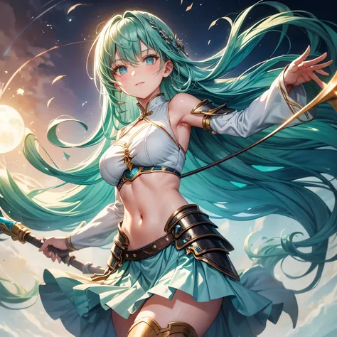 A cute girl with long green hair, Wielding whip, plain white dress shirt with clean cut, Sleeveless,Turquoise blue short skirt, blue waist cloak, black opera Globe,white long boots,Half Plate Armor,Navel-dashi,perfect anatomy, in the style of a digital pai...