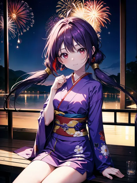 yuukikonno, Yuuki Konno, hair band, Long Hair, Pointed Ears, Purple Hair, Ahoge,(Red eyes:1.5), (Small breasts:1.2),low twin tail,smile,blush,Open your mouth,Purple Kimono,Purple long skirt,Fireworks in the night sky,Fireworks,The place is a fireworks disp...