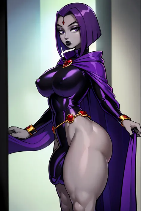 (solo:1.1),(masterpiece), (best quality:1.3), ultra detailed, intricate, professional art, digital art, absurdres, shadraven, (Full body view:1.1), 1girl, solo, (grey skin:1.4), dark purple hair, bob hair, dark purple eyes, hips wider than shoulders, pear ...