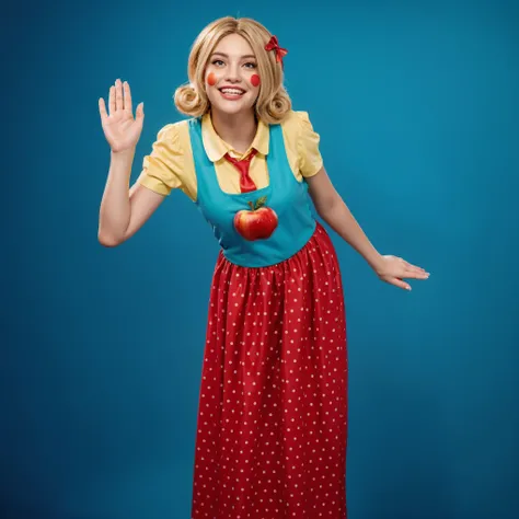 The image presents a woman styled in a whimsical and colorful costume, reminiscent of a classic storybook character. She is dressed in a bright yellow blouse with a blue vest adorned with a large red apple, paired with a long red skirt dotted with white po...