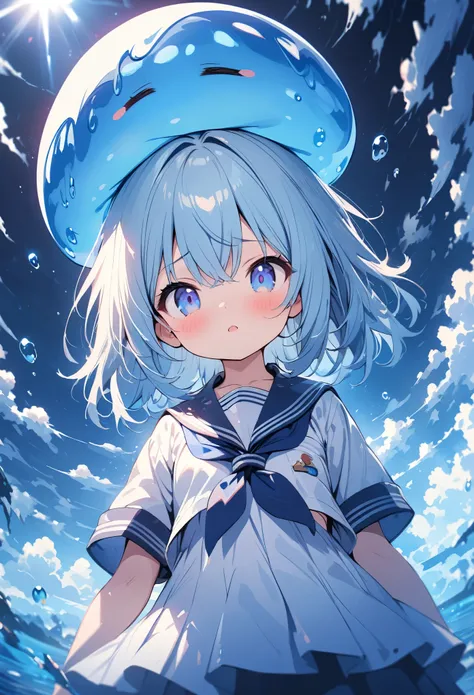 Little, (masterpiece:1.2), (Highest quality:1.2), Ultra-high resolution, Very detailed, Perfect lighting, Slime, on head, Sailor uniform, Anime Girls, Otherworldly fantasy, cute, Dynamic Angle,Upper Body,from the front