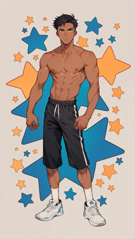 handsome boy,Black Hair，Tanned skin，Topless，black sports wear，slim，Blue Eyes，Stars background，White socks，White sneakers，Imagine，Tempting,pornography,(Dynamic poses:1.0)