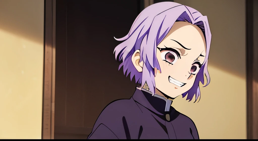 Masterpiece, best quality, 1 girl、Kimetsu no Yaiba style、Demon Slayer、light purple hair、short bouncy hair、 black shirt、 brown eyes、grinning、cheerful、hands on hips、 angry、 strong face、 smiles、open mouth、pretty、 roll shirt sleeves、
K