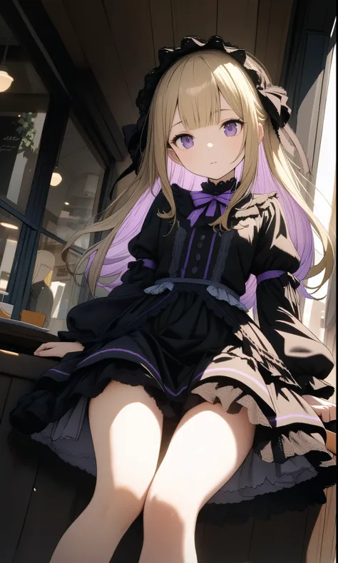 15-year-old girl, ((gothic lolita fashion))、(Golden hair color、Light purple inner color hairstyle、Hair expressed with a delicate touch), Beautiful Hair, Facial Contour, Remember, Cafe, splash, Lens flare、sunlight、illumination、Natural Color, High resolution...