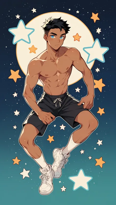 handsome boy,Black Hair，Tanned skin，Topless，black sports wear，slim，Blue Eyes，Stars background，White socks，White sneakers，Imagine，Tempting,pornography,(Dynamic poses:1.0)