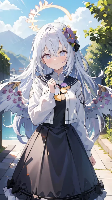 Azusa_blue_archive, wings, halo, girl,((masterpiece)), ((Highest quality)), ((High resolution)), ((Details))、Anime style white woman, smile、Happy expression、Daylight、Rural scenery、cute、beautiful、 Embarrassing cheeks