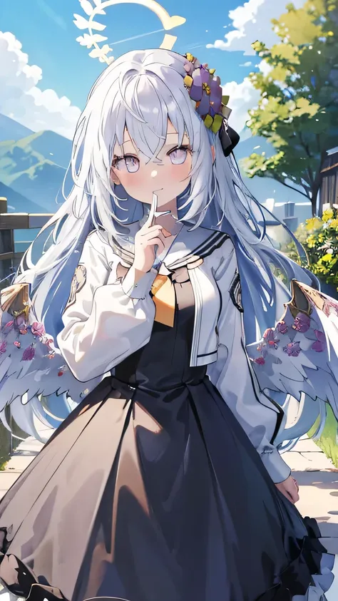 Azusa_blue_archive, wings, halo, girl,((masterpiece)), ((Highest quality)), ((High resolution)), ((Details))、Anime style white woman, smile、Happy expression、Daylight、Rural scenery、cute、beautiful、 Embarrassing cheeks