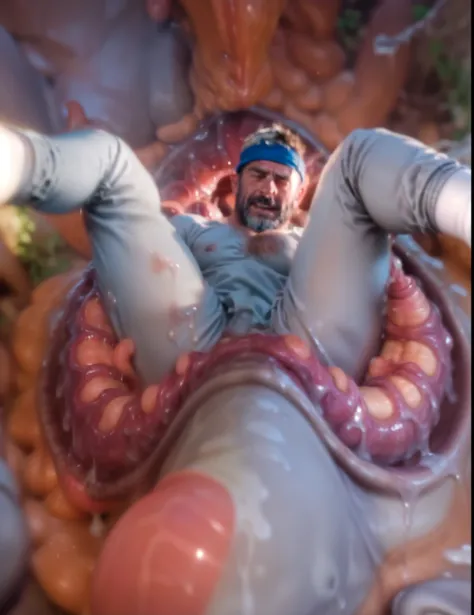 white male 40yo hairy handsome hiker being swallowed by colorful carnivorous plant with teeth and is being digested alive with pleasure he is yelling in pleasure while becoming sexual food to his predator, interspecies, vore, wet, digestion, inside creatur...