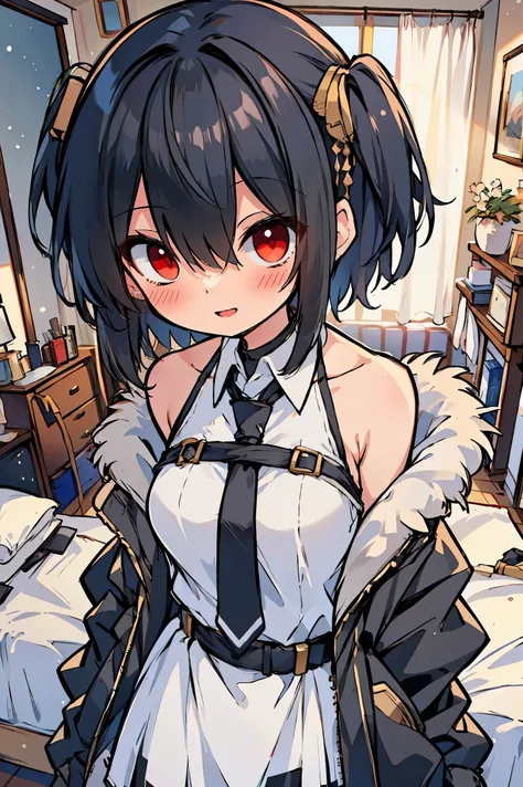 (masterpiece:1.2), (high quality:1.2), hasuichi nishizono, rekkyo sensen, rekkyou sensen, (medium hair, one side up:1.45), solo focus, hand up, waving, girls with((black hair, bare shoulders, breasts, coat, white shirt, cheongsam, slit, dress, sleeveless, ...