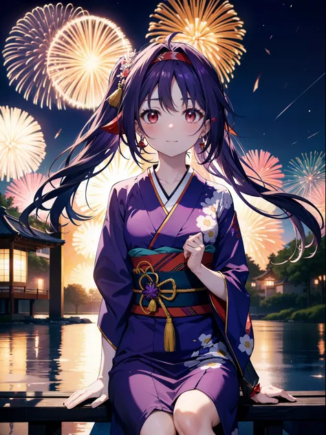 yuukikonno, Yuuki Konno, hair band, Long Hair, Pointed Ears, Purple Hair, Ahoge,(Red eyes:1.5), (Small breasts:1.2),low twin tail,smile,blush,Open your mouth,Purple Kimono,Purple long skirt,Fireworks in the night sky,Fireworks,The place is a fireworks disp...