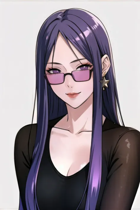 one girl, purple eyes, alone, sunglasses, purple hair, wear glasses on your head, view your viewers, smile, earrings, jewelry, r...