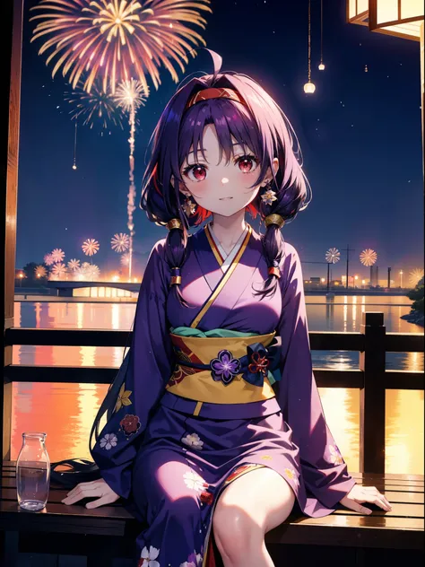 yuukikonno, Yuuki Konno, hair band, Long Hair, Pointed Ears, Purple Hair, Ahoge,(Red eyes:1.5), (Small breasts:1.2),low twin tail,smile,blush,Open your mouth,Purple Kimono,Purple long skirt,Fireworks in the night sky,Fireworks,The place is a fireworks disp...