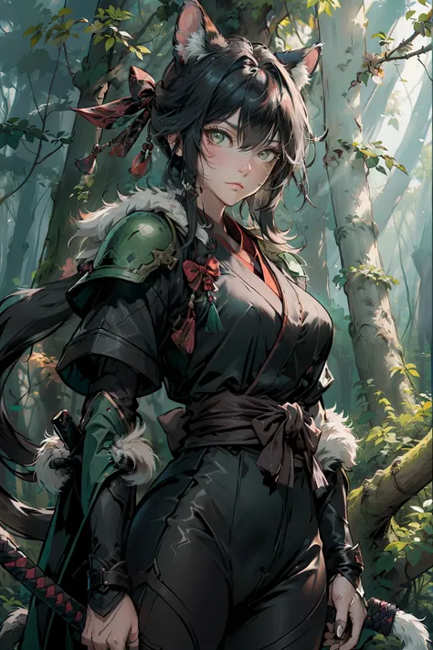 Half-human, half-feline beast, intelligent and charismatic, dexterous, light brown fur with dark spots, green eyes, wearing black leather armor, equipped with a bow and quiver, and a katana, in a forest setting, determined expression, focused on finding a ...