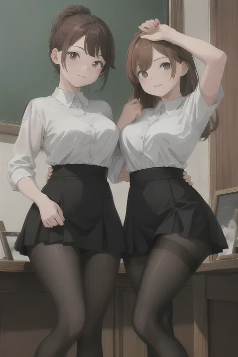 Masterpiece artwork， Best quality at best， 2 young people, adult, ，sisters, Women, 18-years old， eyes browns，chestnut hair，clear and rosy skin， medium breasts， Nice leg line：1.3，thicc thighs， big breasts thin waist， social shirt, short black skirt, fancy c...