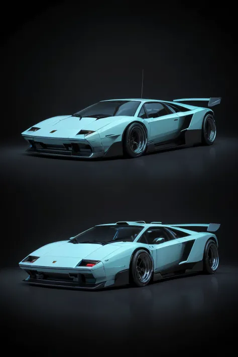 (Stylized blend:1.5), digital art, futuristic fusion, Lamborghini Countach, DeLorean, retro-futuristic setting, front and side views, high contrast colors, neon accents, glossy and polished finish, detailed engine compartments, sleek and aerodynamic design...