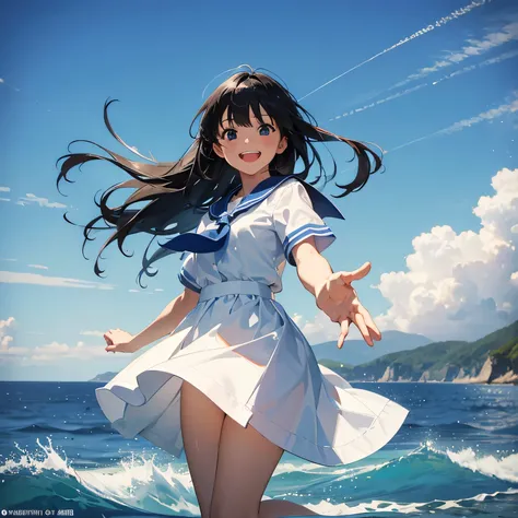 Spreading my hands in front of the blue sky,Sailor suit,Ocean,High resolution, masterpiece, accurate, highest quality, quality, Long Hair, Black Hair, bangs, Shiny Hair, Hair blowing in the wind, Open your mouth, Smiling with teeth showing, Slanted Eyes, B...