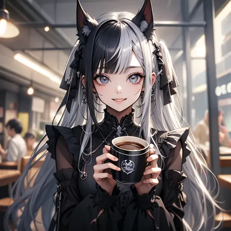 (masterpiece), Highest quality, Ultra-high resolution,Silver Hair、Black Hair、Big smile、Bat、Sick Makeup、brown、Cafe au lait、Coffee cup