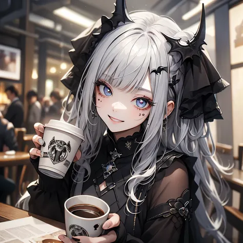 (masterpiece), Highest quality, Ultra-high resolution,Silver Hair、Black Hair、Big smile、Bat、Sick Makeup、brown、Cafe au lait、Coffee cup