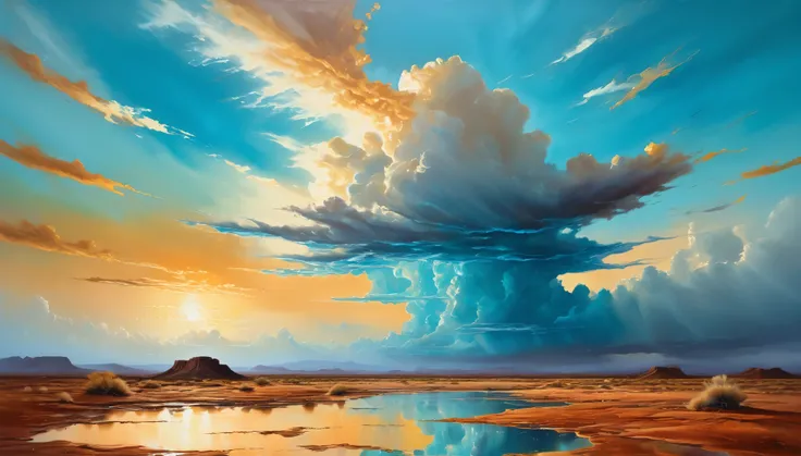 Oil painting, desert landscape in the rainy season, extensive mirror-like wet salt reflecting a bright turquoise sky, occasional wispy clouds creating optical effects, golden light filtering through the clouds, enhancing the surreal atmosphere, intense dar...