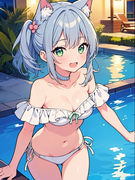 ((Night Pool)), Resort hotels, ((One girl)), cute, (Gray Hair), Medium Hair, Leaning forward, Are standing, (happy:1.3), (Open your mouth:1.3), Medium chest, (Cat ear), Green Eyes, (Off-the-shoulder bikini), (White Bikini), night, Outdoor, Cowboy Shot, ((H...