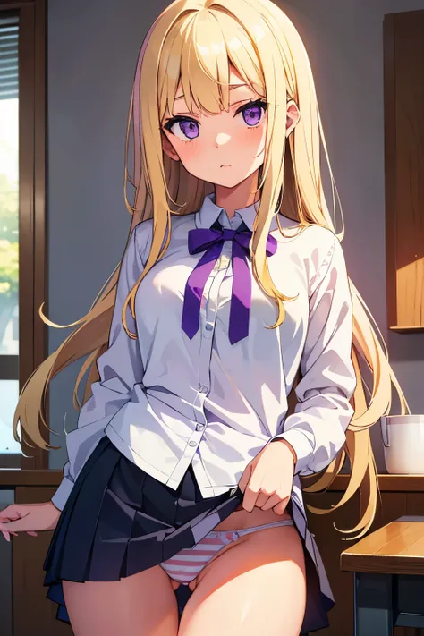 Junior high school girl, 14 years old, A cup breasts, blonde, gal　long hair　 Purple Eyes （One person） Completely naked　White blouse　White bra　 White lower body with light blue horizontal striped panties （（I can see her panties）） Girl&#39;s Room　Lying in be...