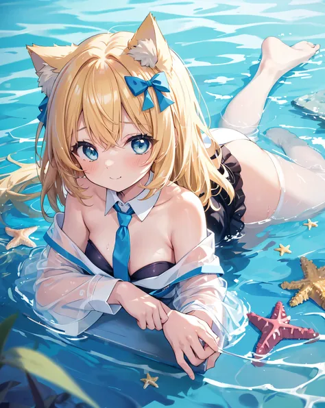 (Highest quality, Masterpiece: 1.2), (Solo), Anime coloring book, 4K quality, 
SUBJECT
(((Girl))), blonde hair, cat ears, cat tail, neko ears, neko tail, little grinning happy smile,Reflexes on blue eyes.
shot from above, cool shot
CLOTHES
untied necktie, ...