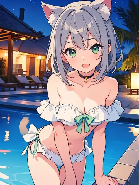 ((Night Pool)), Resort hotels, ((One girl)), cute, Leaning forward, Are standing, (happy:1.3), (Open your mouth:1.3), Medium chest, (Cat ear), ((Gray Hair)), Medium Hair, Green Eyes, (Off-the-shoulder bikini), (White Bikini), night, Outdoor, Cowboy Shot, (...