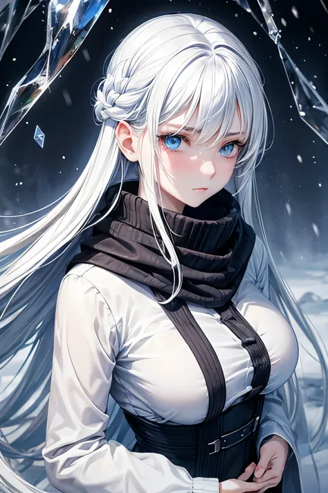 masterpiece, highlydetailed, ultra-detailed, cold, solo, (1girl), (pale skin), icyblue eyes, frosty white hair, cool Chara, flat face, young lady, lady chara, Big Breasts, Arrogant, confident, cold face, goddess, cool kuudere girl, sharp eyes, (snowy backg...