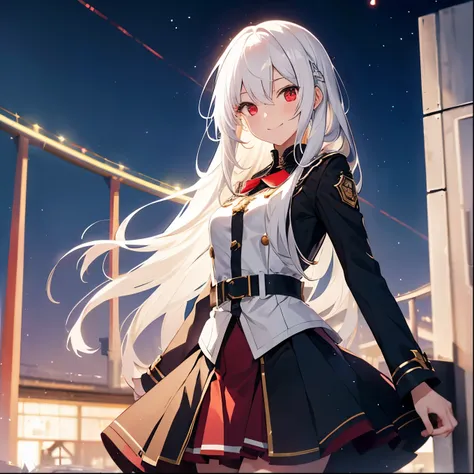 white hair, long straight hair, Bright star-shaped eyes, female, high school student, smiling face, Posing looking back, red eyes